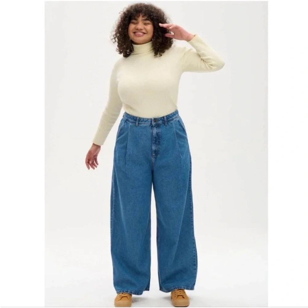 Lucy & Yak Cole Jeans Extra Wide Leg Denim Pleated Elastic Waist Baggy SZ 30 R